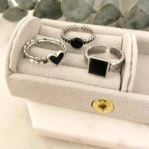 925 Sterling Silver Geometric Black Ring Heart Square Circle Ring Dainty Ring